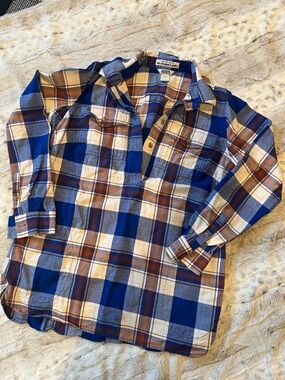 Duluth Trading Co Blue, Cream & Brown Plaid Flannel Shirt